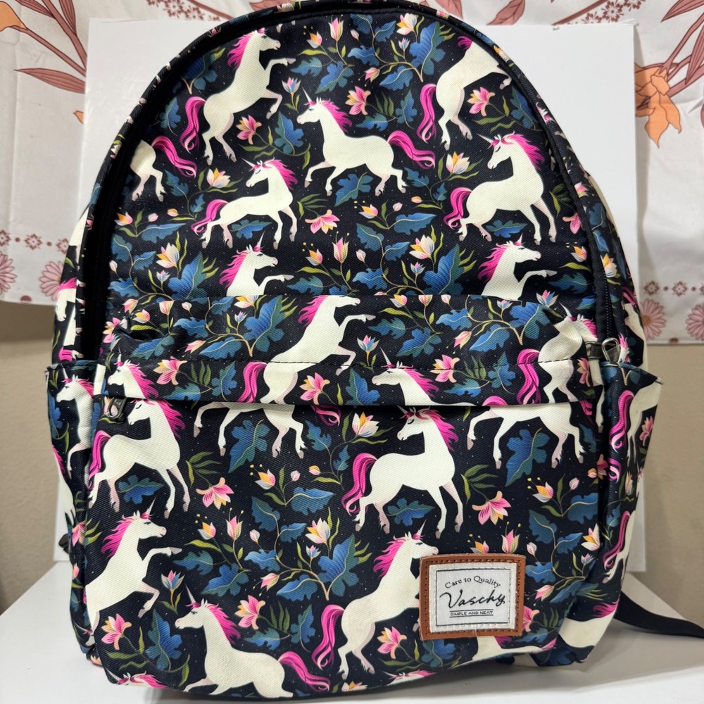 Vaschy Unicorn Floral Backpack Black Pink Laptop Sleeve School Travel Bag 15.5in